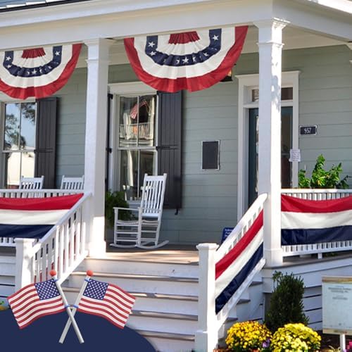 4Pack Bunting Flag 2x4 Ft American Patriotic Bunting 4th of July Decor Outside Porch USA Pleated Half Fan Flag Decorate Garden Embroidered Star Red White & Blue Banner