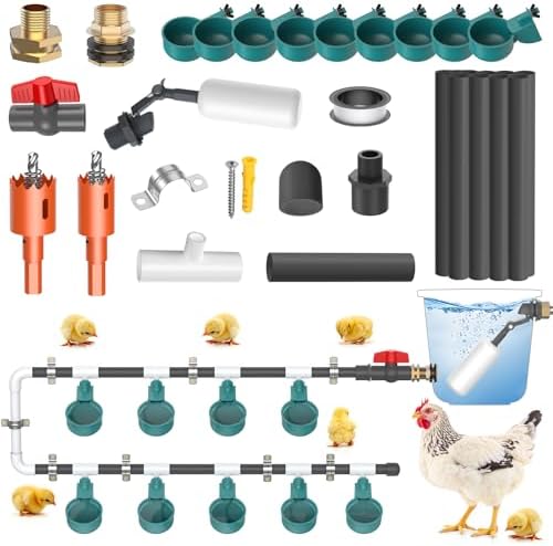 Complete Set Automatic Chicken Waterer System for Continuous Fresh Water, DIY Chicken Water Feeder with 9 Chicken Water Cups, 1/2" SCH.80 PVC Piping, Brass Pipe Fittings, Ball Valves, Poultry Waterer