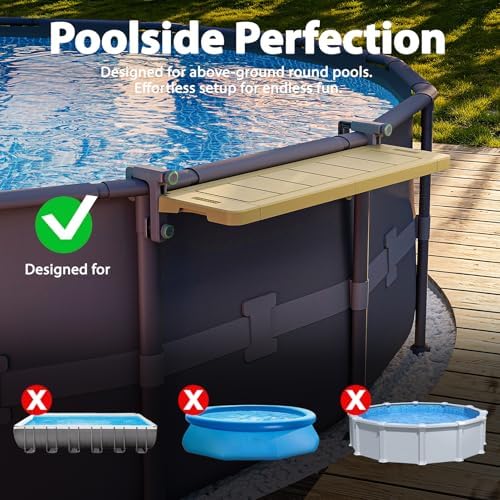 Poolside Bar, [Original] Swim Up Bar Exclusively for Above-Ground Round Pools. Patio Poolside Table Smart Fold Easy Maintenance, Weather Resistant Stable Tabletop (Amber Brown)