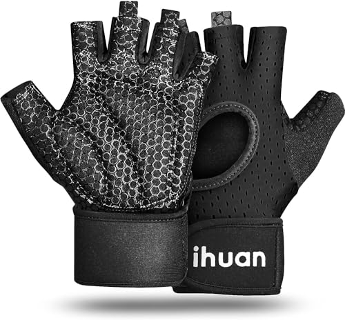 ihuan Breathable Weight Lifting Gloves: Fingerless Workout Gym Gloves Wrist Support Palm Protection Extra Grip for Fitness Rowing Pull-ups