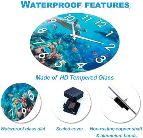 Outdoor Clock Waterproof - Nautical Ocean Decor Indoor Outdoor Wall Clocks for Patio Pool Garden Bathroom Home - Blue 12 Inch Glass, Sea Turtle Underwater Theme