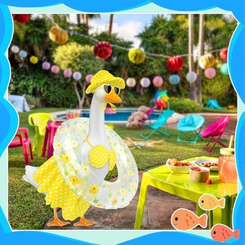 Hawaiian Goose Outfit with Sunglasses & Wreath,Porch Goose Outfits for 23" 17" Cement Plastic Goose Clothes Costumes,Garden Decor Goose and Duck Costume for Outdoor Statues(Bikini)