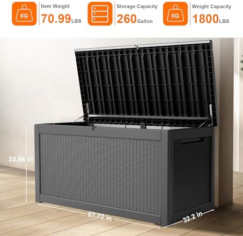 260 Gallon Resin Deck Box, Lockable Patio Outdoor Storage Box for Furniture, Garden Tools and Tools Storage, Waterproof Outside Storage Boxes - Black