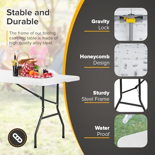 Folding Table 6FT Portable Heavy Duty Plastic Camping Table Foldable Tables Plastic Dining Tables Indoor Outdoor for Camping, Picnic and Party, White