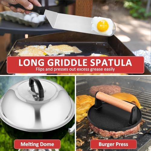 25Pcs Griddle Accessories Kit, Leonyo Flat Top Grill Accessories, Professional Griddle Tools with Enlarged Spatulas, Basting Cover, Metal Scraper, Smash Burger Press for Outdoor Barbecue