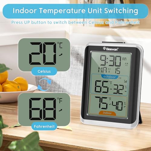 Geevon Wireless Indoor/Outdoor Thermometer & Hygrometer, Digital Temperature & Humidity Sensor with Time, Clock, 200ft/60m Range, Large Display