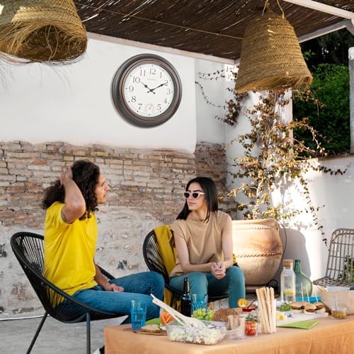 Large Outdoor Clock Waterproof 18" - Retro Indoor Outdoor Wall Clocks with Thermometer for Patio Pool Garden Living Room Decor,Bronze