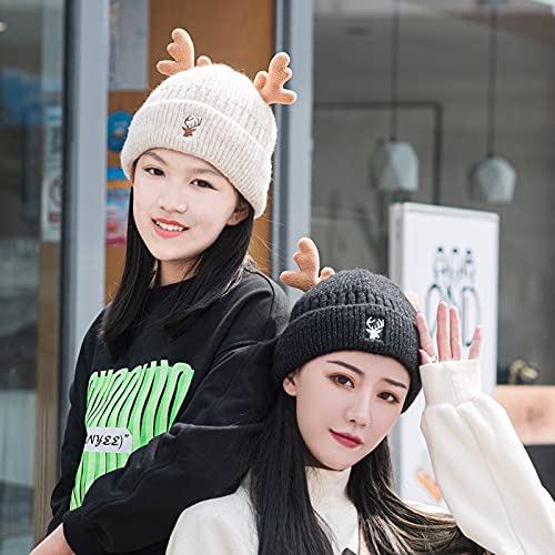 HMTRADE Christmas Knitted Antler Hat,Cute Reindeer Antlers Knitted Hat,Crochet Knit Cap for Adults,Winter Warm Beanie Cap Black