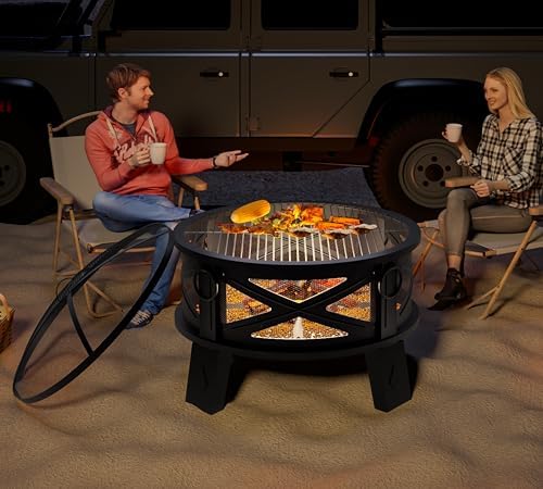 Fire Beauty 26"Steel Fire Pit with Grill Grate&Spark Screen,360° Airflow Boost Technology,Less Smoke,Larger Flames,Heavy-Duty Portable Camping Fire Pit for Backyard,Beach,RV (22lbs,4 Handles,Dual-Use)