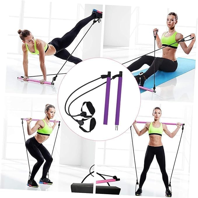 Pilates Bar, Plates Sculpt Bar, Pilates Bar Kit with Resistance Bands, Pilates Bar Kit, Stretched Fusion Pilates Bar, Exercise Equipment, Squat, Yoga for Full Body (Pink)
