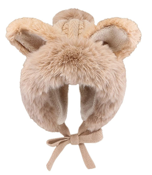 Women Cute Fox Ears Hats Furry Warm Knitted Trapper Hat Beanies Slouchy Crochet Hat Winter Cap Khaki