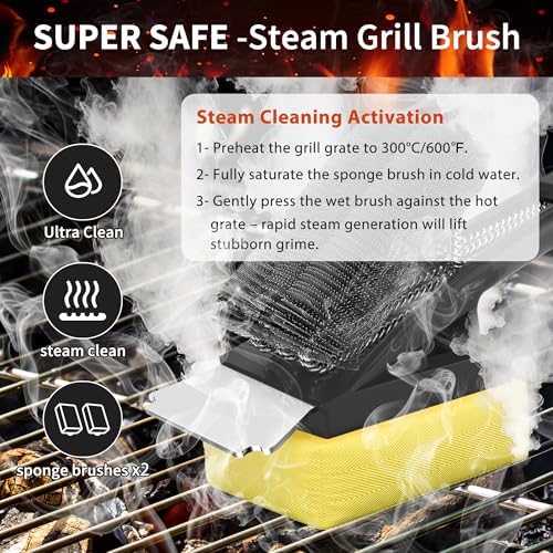 Grill Brush with Scraper-Replaceable Steam BBQ Grill Cleaner Brush Head -Black 3-in-1 Safe Barbecue Clearning Brush Tools for Cast Iron/Stainless-Steel Grates (2 Steam Brush Heads)-Gifts for Grill Men