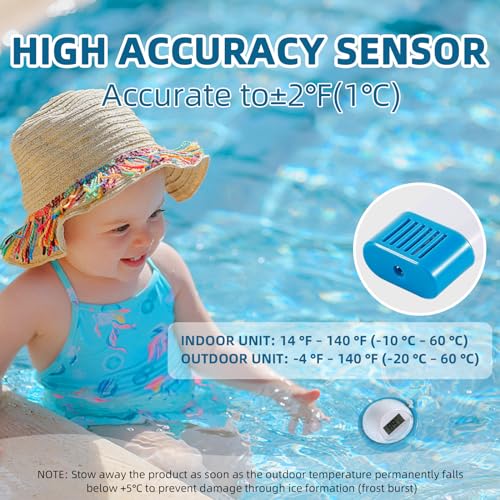 BlueBay Wireless Pool Thermometer,Floating Easy Read, Digital Pool Thermometer Set with Indoor/Water Temperature Monitor, IPX7 Waterproof, for Swimming Pools, Hot Tubs, Spa, Small Ponds, Aquariums