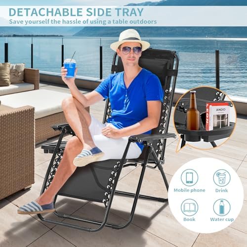Zero Gravity Chairs Set of 2, 350lbs Capacity Folding Outdoor Patio Recliner with Adjustable Headrest & Cup Holder, Anti Gravity Chair for Backyard, Poolside & Lawn (Black)