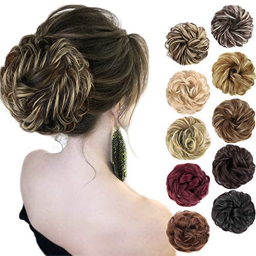 MORICA 1PCS Messy Hair Bun Hair Scrunchies Extension Curly Wavy Messy Bun Hair Synthetic Chignon Hairpieces for Women(Dark Brown & Ash Blonde)