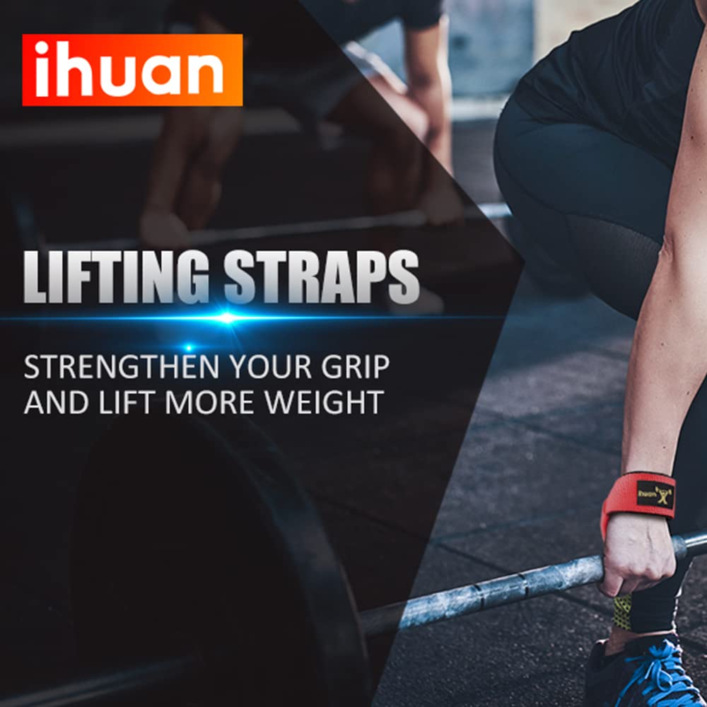 ihuan Lifting Straps for Weightlifting - Wrist Straps for Weightlifting | Gym Wrist Wraps with Extra Hand Grips Support for Strength Training | Bodybuilding | Deadlifting