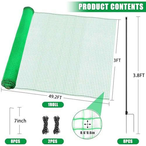 Temporary Fence, 3' x 49.2' Non Electric Fence Netting with Double Spiked Posts & Windproof Kit, Portable Movable Poultry Netting Mesh for Dogs, Chickens or Farms, Backyards and Ranches
