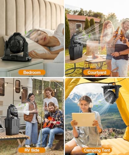 lynker Portable Misting Fan with Remote, Camping Fan with 20000mAh Rechargeable Battery Operated, 6L Water Tank, 3 Speed Levels, 2 Spray Modes, Hanging & Lighting for Outdoor Indoor Cooling (Black)