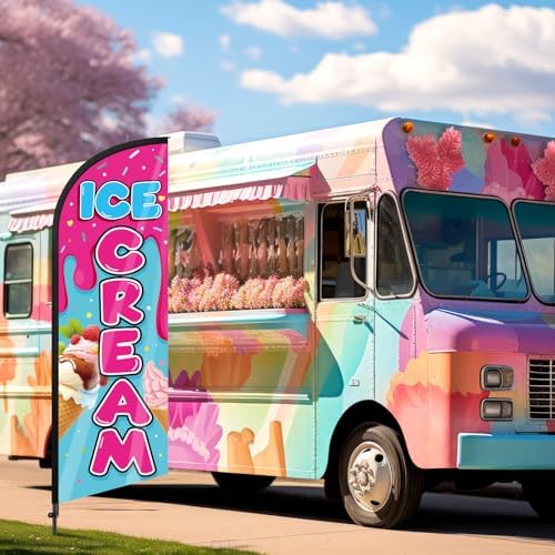 Ice Cream Advertising Feather Flag 7 ft Advertising Swooper Flag Banner Signs with Pole and Ground Stake for Store Business Outside