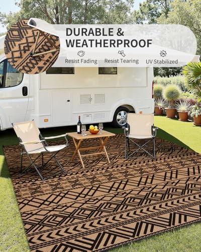 MontVoo-Outdoor Rug Carpet Waterproof 5x8 ft Reversible Patio Rug RV Camping Rug-Plastic Straw Rug Outside Indoor Outdoor Area Rug for Patio Deck Balcony Picnic Beach Outdoor Decor Boho Black Brown