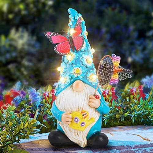 Garden Gnome Statues Outdoor Decor Solar Gnomes with Butterfly on LED Lighted Flowers, Resin Blue Gnomes Sculpture for Patio Yard Lawn Onament Decoration
