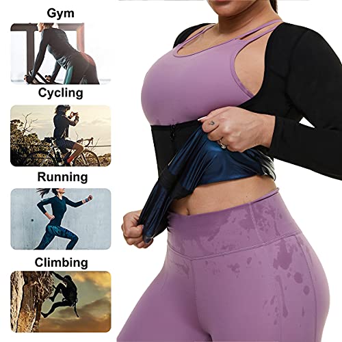 Sauna Suit for Women Sweat Body Shaper Jacket Hot Waist Trainer Long Sleeve Zipper Shirt Workout Top (Black, Small)