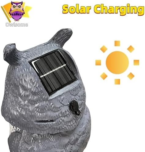 Owlsome Solar Owl with Colored Flashing Eyes, Rotating Head, Hoot Sound, Motion Detector and Silent Mode, Plastic Owl Garden Sculpture, Garden Decoration