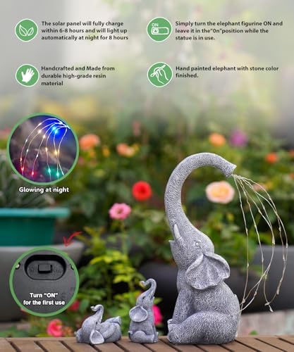 Qeeman Solar Elephant Statues for Garden Decor: Outdoor Sculptures for Lawn Ornaments - Porch Patio Balcony Front Yard Birthday Gifts for Mom Grandma Women