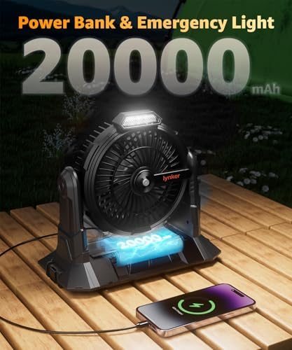 lynker Portable Misting Fan with Remote, Camping Fan with 20000mAh Rechargeable Battery Operated, 6L Water Tank, 3 Speed Levels, 2 Spray Modes, Hanging & Lighting for Outdoor Indoor Cooling (Black)