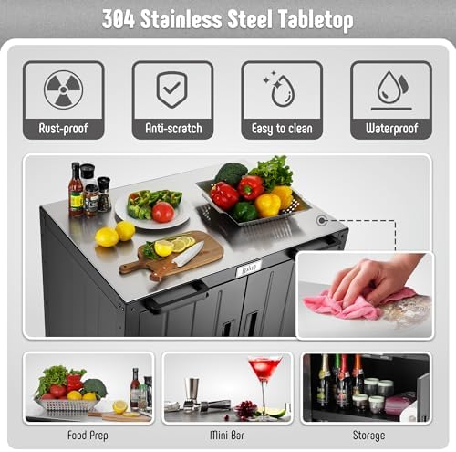 Grill Table, Outdoor Bar Cart Grill Cart with Storage Cabinet,Modular Outdoor Kitchen Island, Outdoor Grill Station with 304 Stainless Steel Top,Pizza Oven Table for Lawn & Garden,L35.4” x W24”