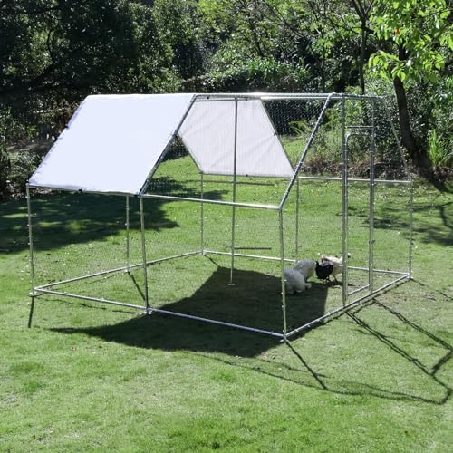 Large Metal Chicken Coop Run with Climbing Frame, Outdoor Walk-in Poultry Cage Flat Top with Waterproof&Anti-UV Cover, for Outdoor Backyard Farm, Silver (118" L x 118" W x 78.7" H)