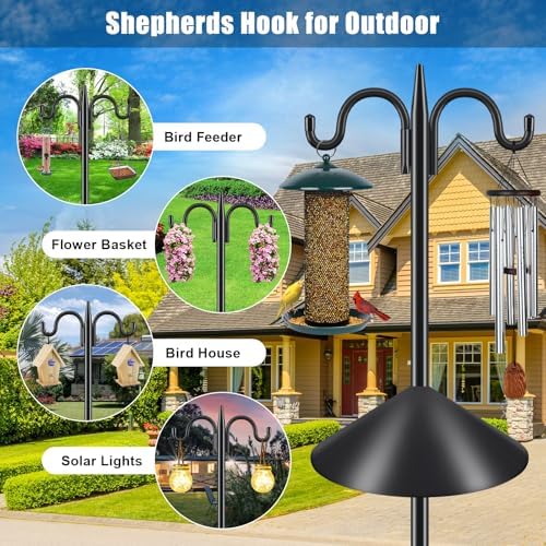 Gtongoko Bird Feeder Pole Squirrel Proof, 92 Inch Double Shepherds Hook for Outdoor with Squirrel Baffles Adjustable Heavy Duty with 5 Prongs Base for Hanging Plants, Bird Feeders, Black