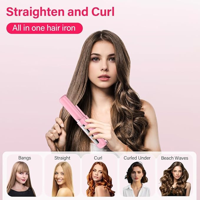 Cordless Hair Straightener and Curler 2 in 1 Mini Lightweight and Small USB Rechargeable with 4500mAh Battery 10s Fast Heating Portable Ceramic Flat Iron for Travel (Pink)