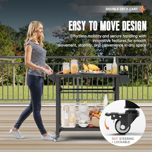 SUNCROWN Outdoor Grill Table with Wheels, Kitchen Cooking Prep Tables Movable BBQ Grill Cart for Garden, Camping, Home Party, Bar, Pizza Oven Table Stand