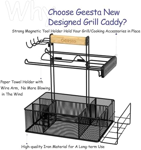Geesta Grill Caddy - BBQ & Picnic Caddy with Paper Towel & Magnetic Tool Holders, Condiment Storage for Camper & Tailgate