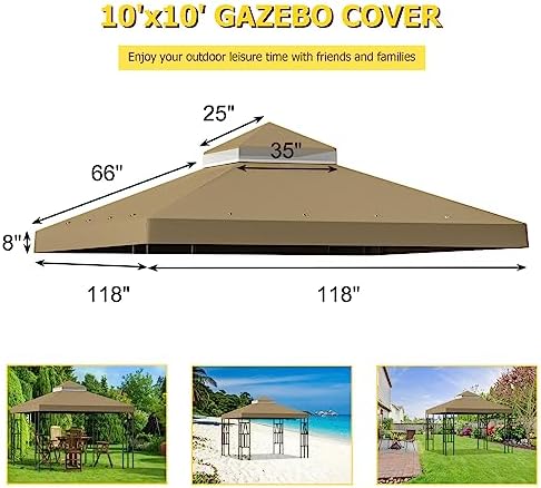 10'x10' Replacement Canopy Top Cover Only for Gazebo, Double Tiered Gazebo Covers for Outdoor Patio Garden Canopy Upgraded 2025 (Khaki)