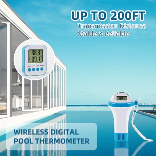 BlueBay Wireless Pool Thermometer,Floating Easy Read, Digital Pool Thermometer Set with Indoor/Water Temperature Monitor, IPX7 Waterproof, for Swimming Pools, Hot Tubs, Spa, Small Ponds, Aquariums
