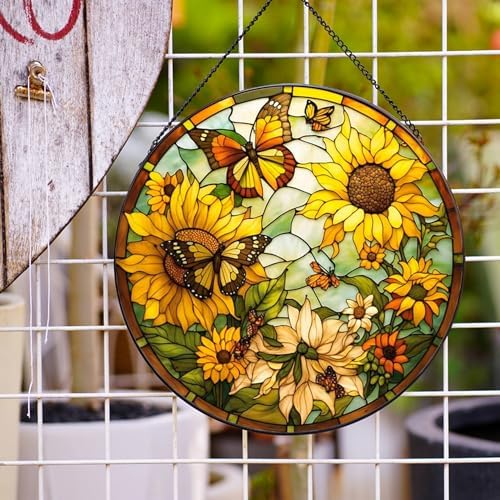 Sunflower Hanging Stained Glass for Windows,20cm/7.87inch Hand-Painted Sun Catcher Garden Hangings Christmas Mother's Day, Valentine's Day Ornaments Festival Gift
