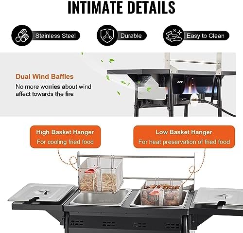 VEVOR Outdoor Propane Deep Fryer, Double Burners Commercial Fryer, 16 Qt Stainless Steel Cooker with Removable Baskets & Lids & Tanks, Oil Fryer Cart with Thermometer & Regulator, For Outdoor Cooking