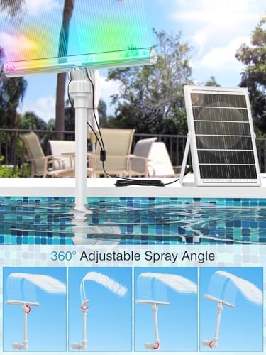 Solar Pool Fountain with 15-Color 10-Mode LED Lights, Above/Inground Pool Fountain Waterfall with Remote & Solar Panel, Adjustable Pool Sprinkler Relaxation & Cooling 10–20°F