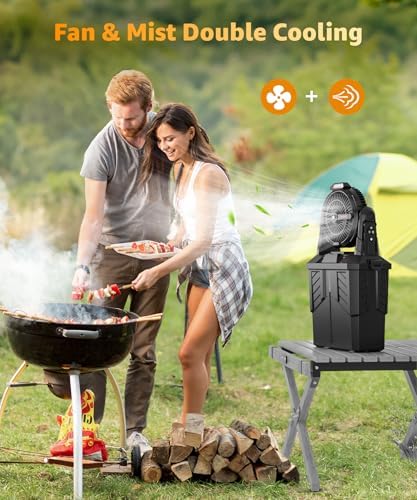 lynker Portable Misting Fan with Remote, Camping Fan with 20000mAh Rechargeable Battery Operated, 6L Water Tank, 3 Speed Levels, 2 Spray Modes, Hanging & Lighting for Outdoor Indoor Cooling (Black)