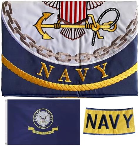 Embroidered Navy Emblem Flag Double Sided 3x5 Outdoor- 300D Heavy Duty Nylon- Military 3x5 Navy Outdoor Banner Flag- Brass Grommets & 4 Rows Stitched