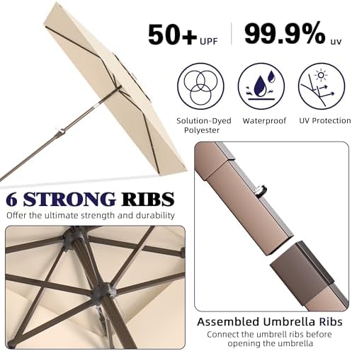 6.6x10ft Rectangular Patio Umbrella, 2 Tiers Outdoor Table Umbrellas with Push Button Tilt and Crank for Patio, Pool, Backyard, Deck, Picnic, Yard (Beige)