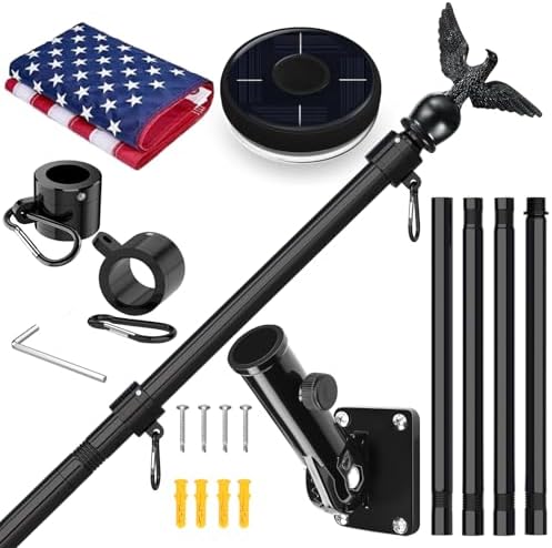 5FT Black Flag Pole Kit for Outside House with American Flag & Solar Light,1" Thickened Stainless Steel Wall Mount Flagpole with 180°Adjustable Bracket for Residential Outdoor Porch