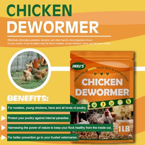 Jmxu's Chicken Dewormer Powder, All Natural Formula Poultry Dewormer, Safeguard Dewormer Powder for Laying Hens, Chicks, Roosters, Turkeys to Relieve and Prevent Worms, 1 LB