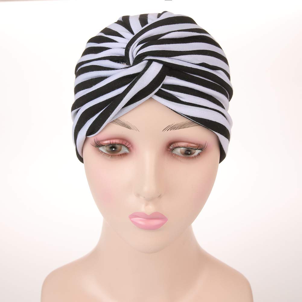 Cotton Striped Beanie Turban Chemo Hat Head Wrap Cap Headwear for Cancer Patients (Black/White)