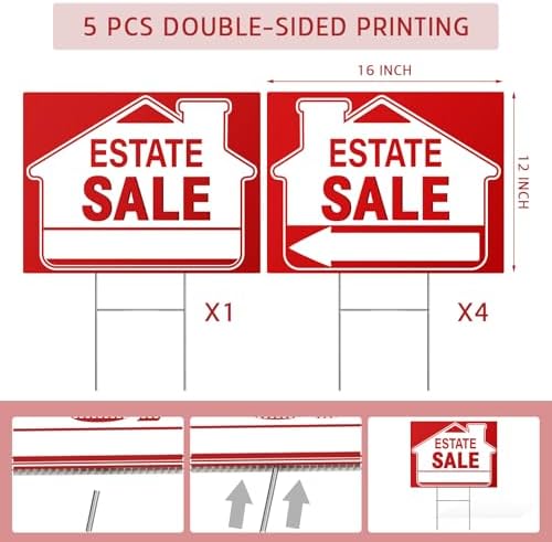 [5 Pack] Estate Sale Signs Set - 16 x 12 Inch Double-Sided Yard Signs With Arrows and Metal H Stakes - Property Sale Directional Signs - Weather-Proof