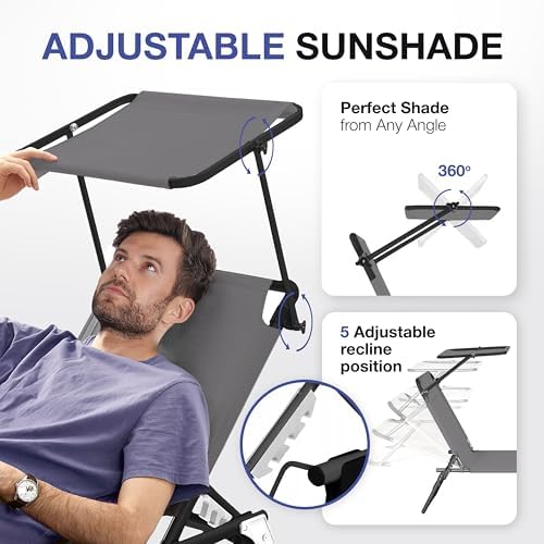Folding Outdoor Lounge Chair with Canopy - Portable & Adjustable Beach Lounge Chair - 5-Positions, Carry Handles, 600D Fabric, 265 lbs Capacity – Tanning Chaise Lounge for Beach, Patio, Lawn