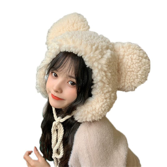 Cute Plush Faux Fur Animal Critter Hat Cap with Ear Flaps Fuzzy Bear Hat Soft Warm Winter Hat Beanie for Adults Women Girls Beige