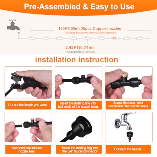 Misting Cooling System,100FT (30M) DIY Misting Line + 30 Brass Mist Nozzles +2 PE Antioxidant Adapters 3/4", Outdoor Mister for Patio Backyard Garden Greenhouse